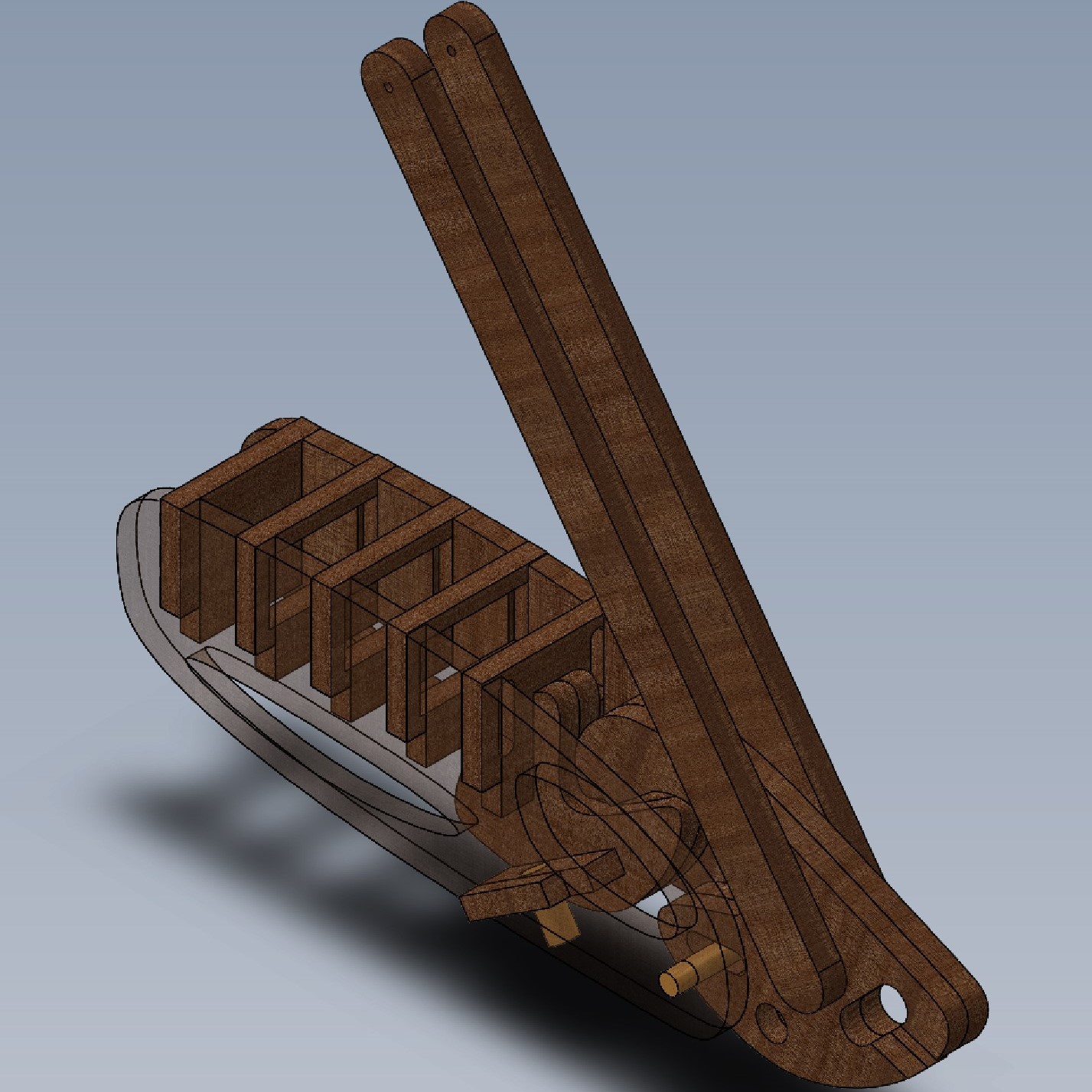 A computer generated model of a beetle-shaped toy assembled from
					laser cut hard board. One side is transparent, showing the rib structure
					within.